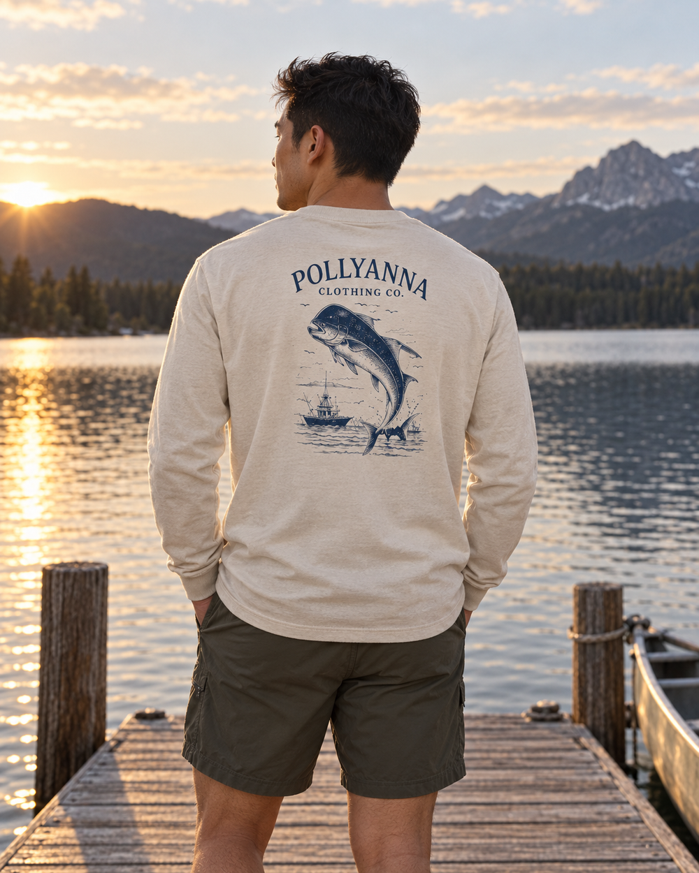 Man wearing Fish and Sun long sleeve tee, back view on a lake dock