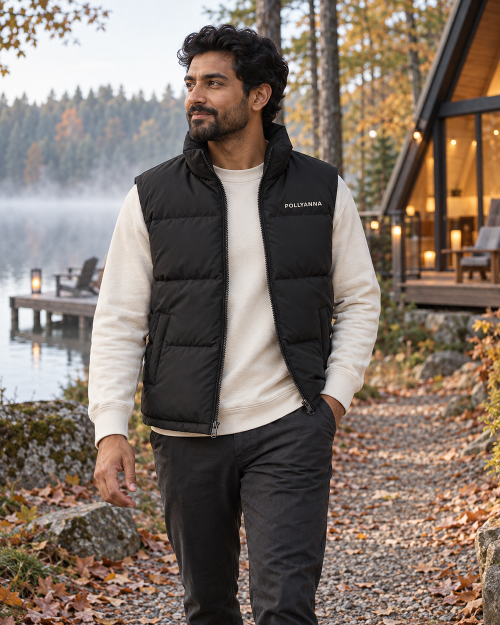 South Asian man wearing the black Pollyanna Puffer Vest on a lakeside path