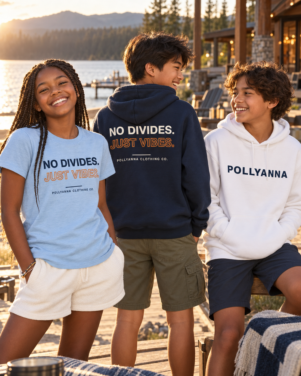 Three diverse kids wearing Pollyanna youth tee and hoodies at a lakeside lodge