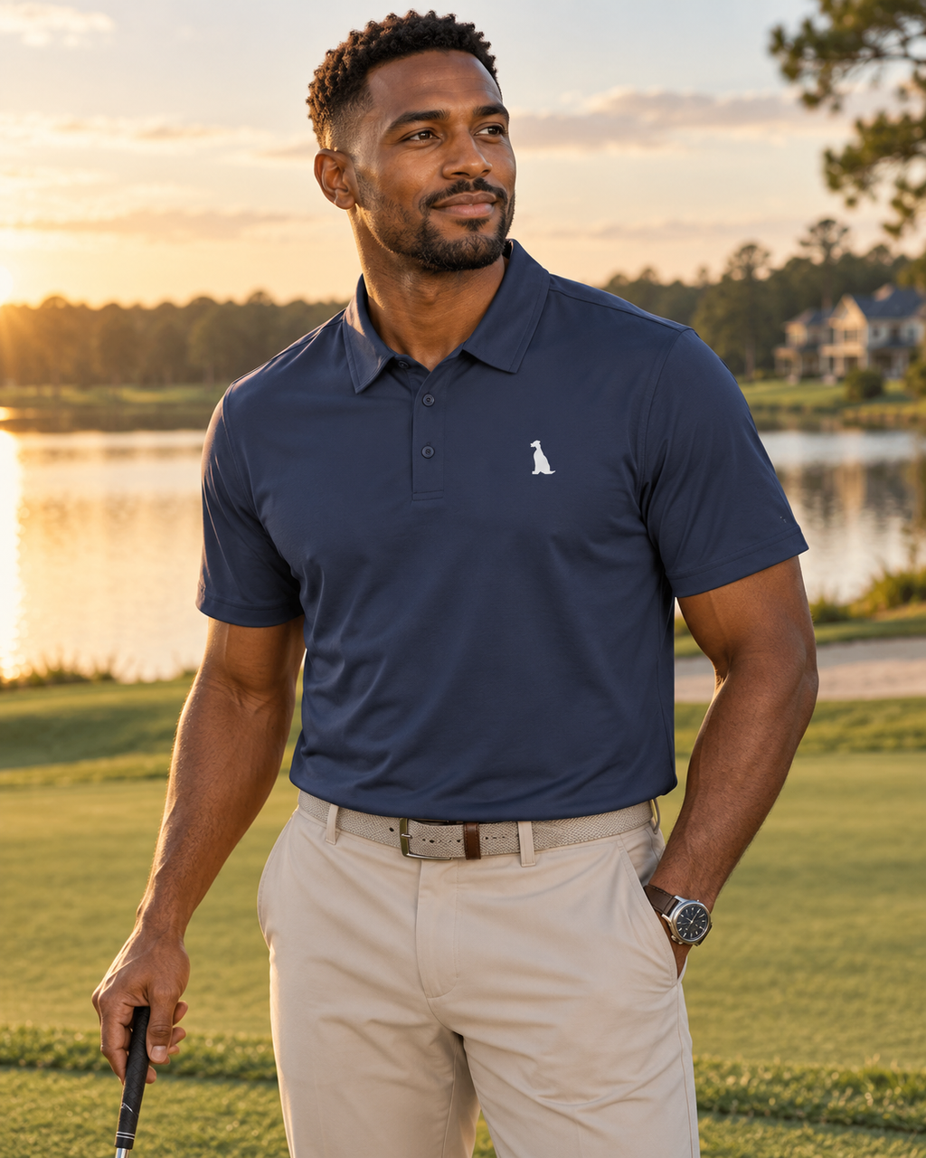 Black male model wearing the navy Pollyanna Golf Polo beside a lake at golden hour