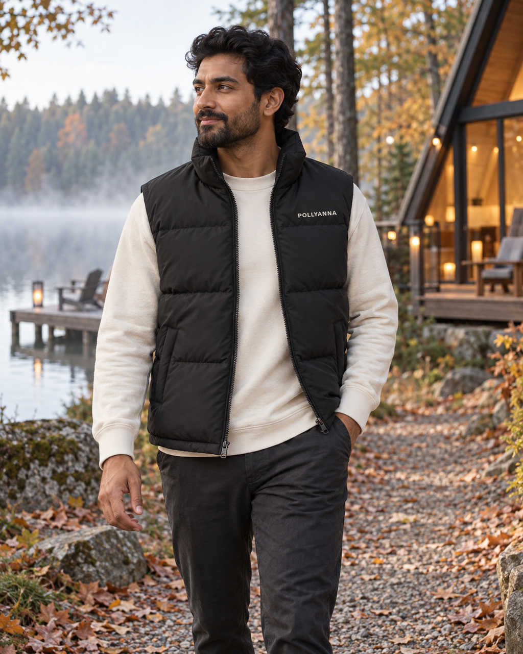South Asian man wearing the black Pollyanna Puffer Vest on a lakeside path