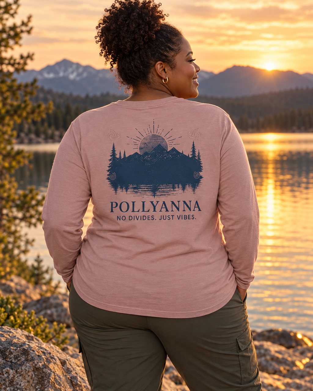 Woman wearing Hazy Pink Pollyanna Sunsets long sleeve tee, back view